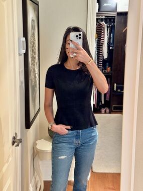NWT. BCBGMaxAzria Black Short-Sleeve Peplum Blouse